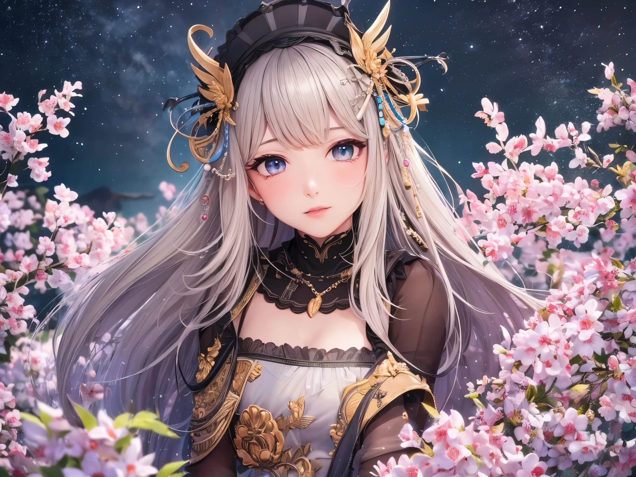 ((Highest quality)),(Ultra-high resolution),(Ultra-detailed new),(Detailed Description),((The best CG)),(masterpiece),Highly detailed art,A wonderful new art form,(Art with precise details:1.5), (One adult woman:1.1), Staring, Starry night sky, Twinkling stars in the night sky, flower