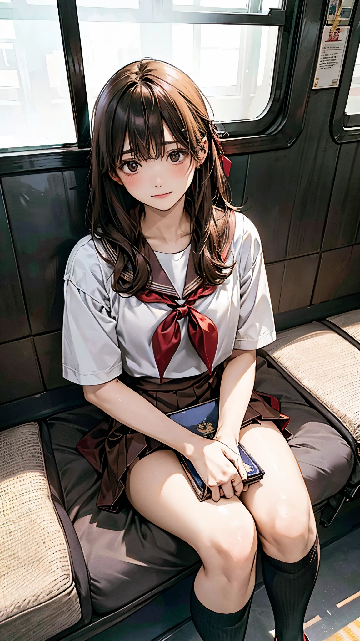 Japanese , sitting on a train seat, reading a book, wearing a sailor uniform, white shirt, red ribbon, brown leather shoes, black knee-high socks, peaceful expression, holding a book, train interior, morning light, calm atmosphere, urban setting, high quality, highly detailed, realistic photo, intricate details