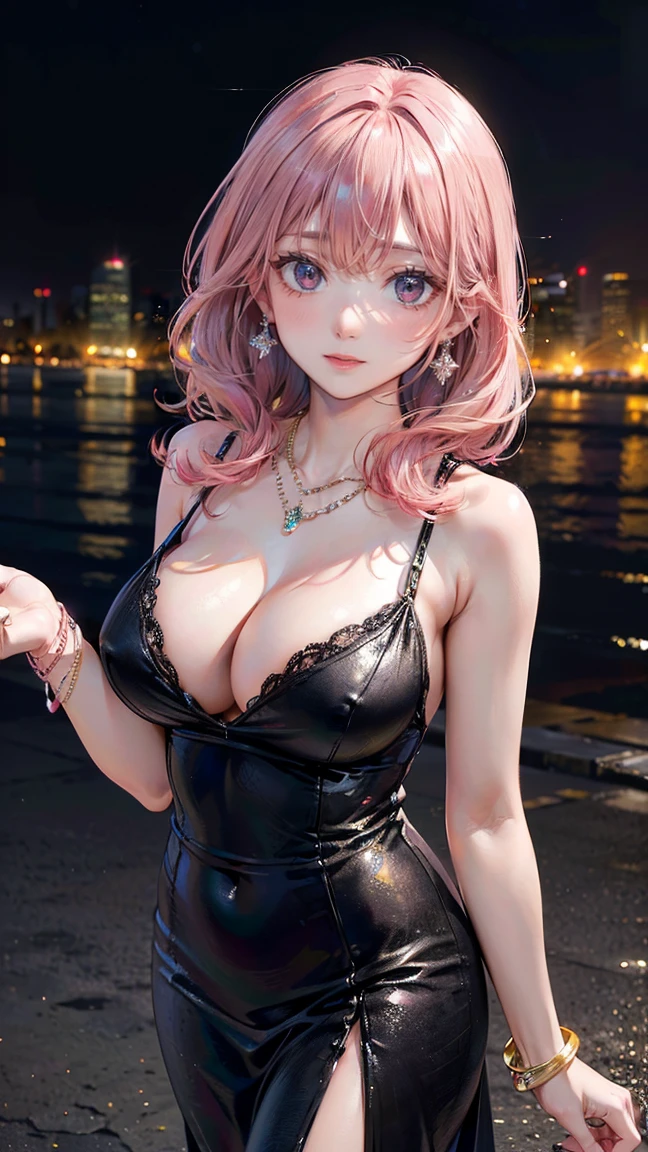 (Masterpiece, BestQuality:1.3), (ultra detailed:1.2), (hyperrealistic:1.3), (RAW photo:1.2), High detail RAW color photo, professional photograph, (Photorealistic:1.4), (realistic:1.4), professional lighting, perfect anatomy, (Big Breasts:1.2), (blush, detailed face), (cheerful Smile:1.5), (Pink Hair:1.5), Trending Hair&Trending Hairカラーをランダムに, earrings, necklace, bracelet, sexly, erotic sexly, Random sexy gravure poses, (Beautiful woman in a black evening dress、Diamond Necklaces、Background is the cityscape at night、Walk gracefully。: 1.3)
