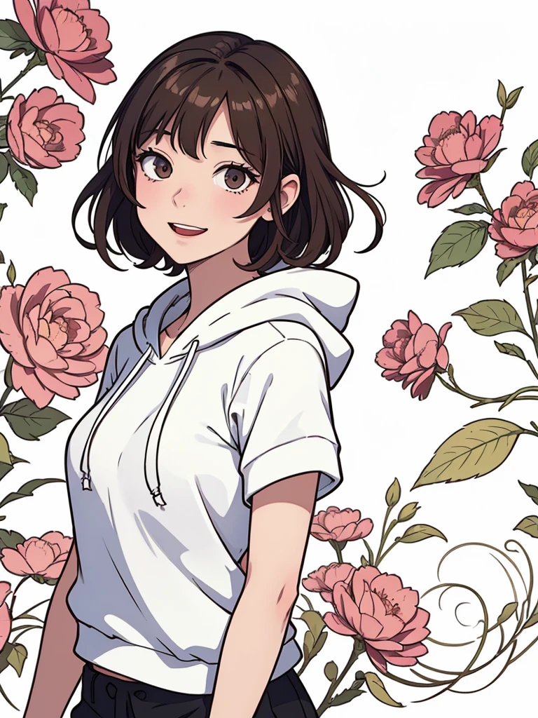 (((masterpiece, best quality, ultra highres, 1 girl, solo, no background))), super detailed skin and face and eyes and finger, beautiful japanese woman, small breasts:1.5, skinny, light brown hair, white background, very short curly pixie hair, (an illustration of girl), Knee shot, Generate with illustrations, Various expressions, Various poses, Please draw the entire character within the frame, ensuring that the head, arms, and legs are not cut off. The background should be simple, with the character positioned centrally, outline, anime, hoodie, laughter,