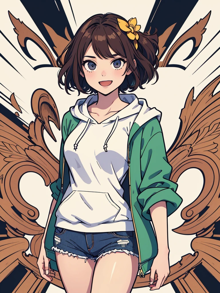 (((masterpiece, best quality, ultra highres, 1 girl, solo, no background))), super detailed skin and face and eyes and finger, beautiful japanese woman, small breasts:1.5, skinny, light brown hair, white background, very short curly pixie hair, (an illustration of girl), Knee shot, Generate with illustrations, Various expressions, Various poses, Please draw the entire character within the frame, ensuring that the head, arms, and legs are not cut off. The background should be simple, with the character positioned centrally, outline, anime, hoodie, laughter,