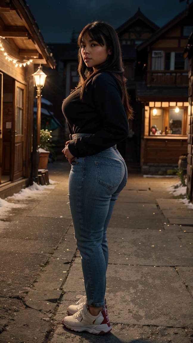 Beautiful sensual woman with a curvy body, long hair, bangs, french braid, widest waist, fitting breasts, curvy accentuated booty, sparkling eyes, long eyelashes, thick thighs, Strong calves, shy Look, taniaayusiregar, She wears a hoodie, jeans, belt, red sneakers, strolling through a Mountain village, looking at old buildings, evening in Winter, photorealistic, Masterpiece, bokeh, Volumetric lighting, winter season atmosphere, full body shot from the side.