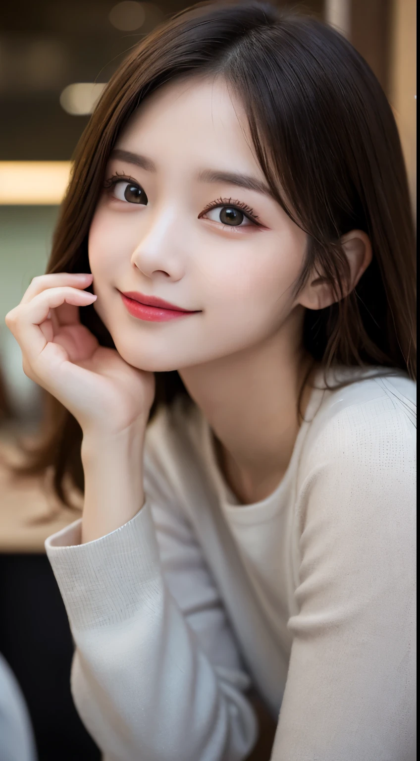 Tabletop, Highest quality, shape, Very detailed, finely, High resolution, 8k wallpaper, 完璧なダイナミックな構shape, Beautiful and exquisite,ランダムなcute髪,,Natural color lip、20-year-old girl、cute、Looking into the camera,Always blur the background,Perfect and beautiful face,Slim face and figure,Big eyes、Putting on gal makeup,Small face,Shooting from below、Blurred Background,Elegant feminine face、Cyberpunk Fashion、smile、Change pose randomly、Randomly change the shooting angle and position