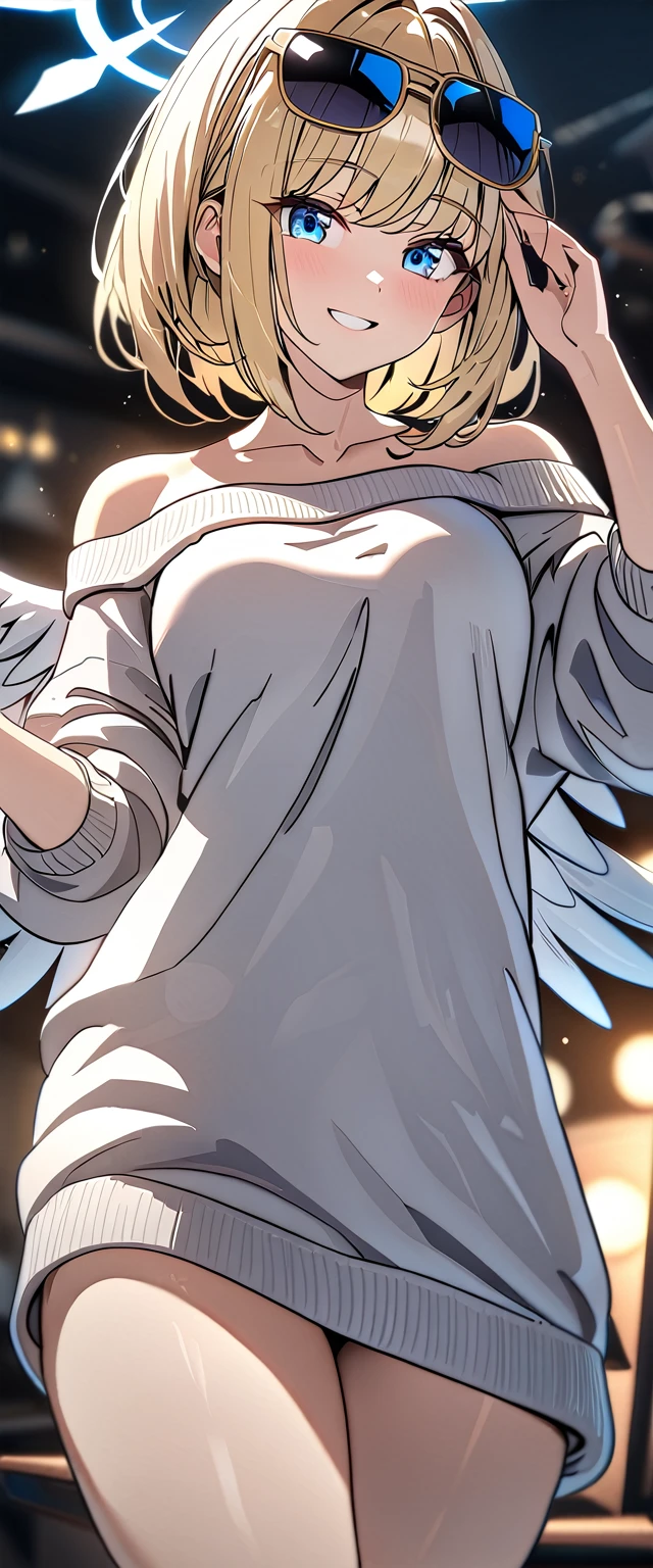 ((angel, big big white wings:1.3, halo:1.3)), ((from below)), (((sunglasses, hand to sunglasses))), (((cowboy shot))), archangel Uriel, ((wavy hair, inward curled hair)), evening, Sunset, ((blond hair, bob cut:1.3)), breasts, ager, (looking at viewer), oversized clothes, puffy long sleeves, ((off-shoulder sweater:1.3, Quite thick shoulder straps)), ((white sweater)), collarbone, head tilt:1.3, (((blue eyes))), ((happy smile)), (((anime style))), (best quality, 4K, 8K, highres, masterpiece:1.2, ultra-detailed, ultra-detailed eyes, HDR, uhd, studio lighting, ultra-fine painting, sharp focus, physically-based rendering, extreme detail description, professional, vivid colors, bokeh)

