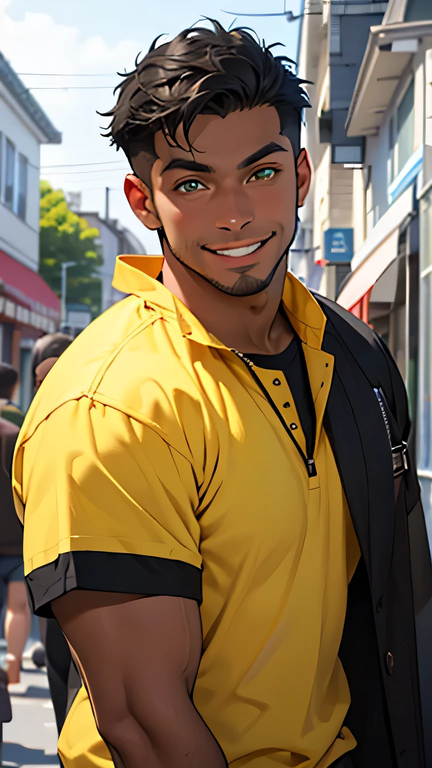 One was dressed in casual clothing、A very handsome black man with short black hair and green eyes is facing me。Half-length photo (Best quality Ultra HD 8K, He smiled. The image must show the entire body