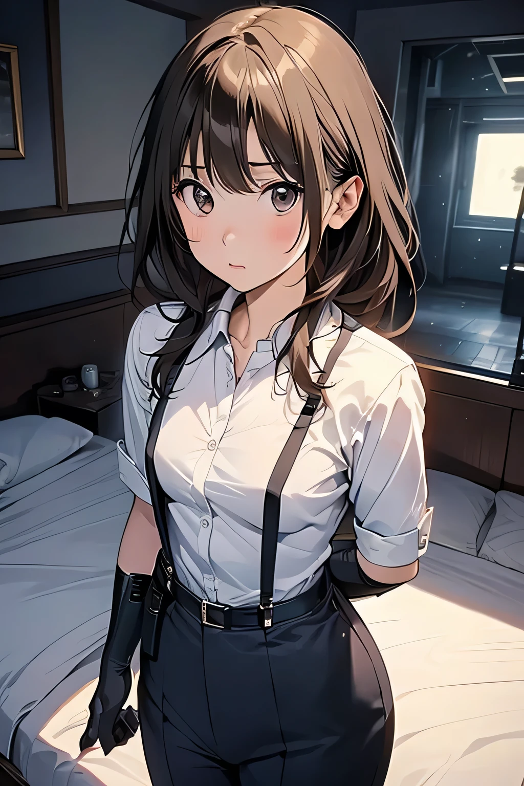 1 female, , high quality, masterpiece, Ultra-high resolution, , Cinema Lighting, , , And the suspenders with the cranes flying Moderate breasts Small face holster Lying in bed Looking up Sweat belt summer 脇Sweat Black Hole Gloves suit shirt Black jacket Black trousers Leg Links ズボンにbelt holster Hands behind your back Anxious expression Looking up Anxious face