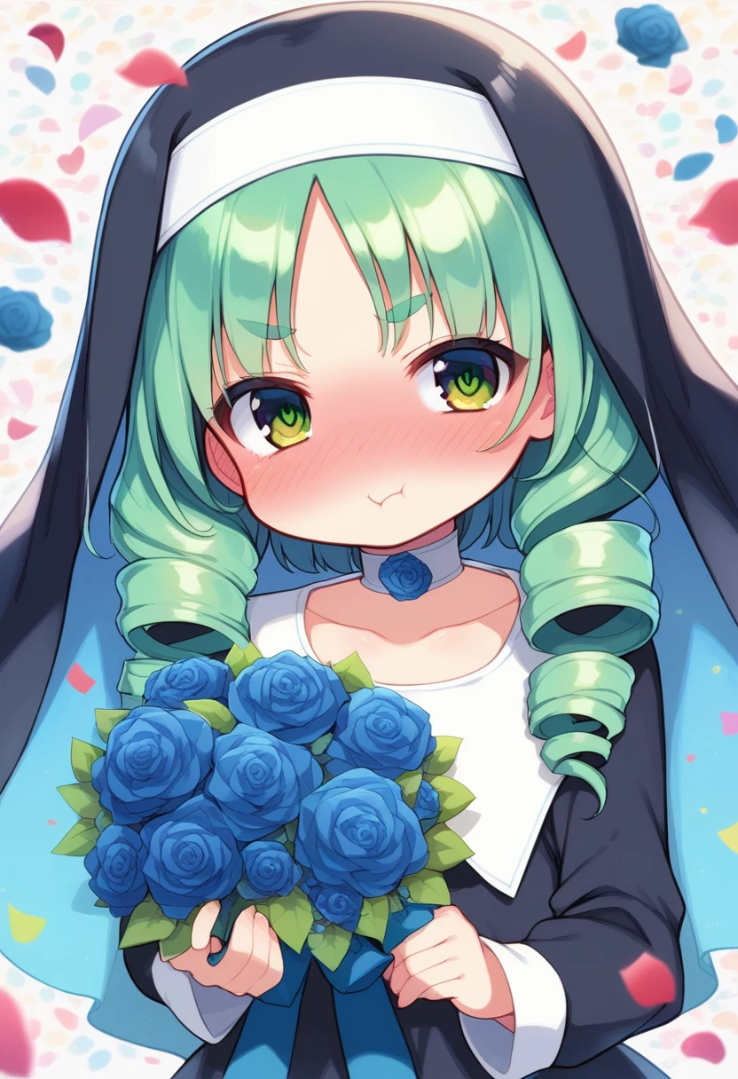 score_9, ,score_7_up, score_6_up, 1girl, source_cartoon, source_anime,breathtalking Scenery,watercolor,smooth soft skin, natural skin,mjm
BREAK 
(loli:1.4),(little female child:1.4), small breast,cute face, (loli toddler:1.1), 6 yo,kawaii, (highlight on eyes), (jiggly:0.8), shiny skin,beautiful eyes, detailed eyes, puffy eyes,
BREAK 
(medium green hair:1.3),(green maro eyebrows:1.6),pouty and slightly grumpy,(pout:1.2), ::(, (jitome),(frown:0.6),drill hair, green eyes, full_face blush,
BREAK 
(zigzag pattern nun dress), (pastel veil:1.2),choker,nun,excessive detailed collarbone,
flowerbackground,flowergarden,blue rose bouquet, (digits behind blue rose bouquet:1.3), (hands behind colorful rose bouquet:1.3),heart falling petals,
(holding bouquet:1.1), celebration, Congratulations,confetti, bloom effect,dynamicangle,pastelcolor,upturned eyes,heart ribbon