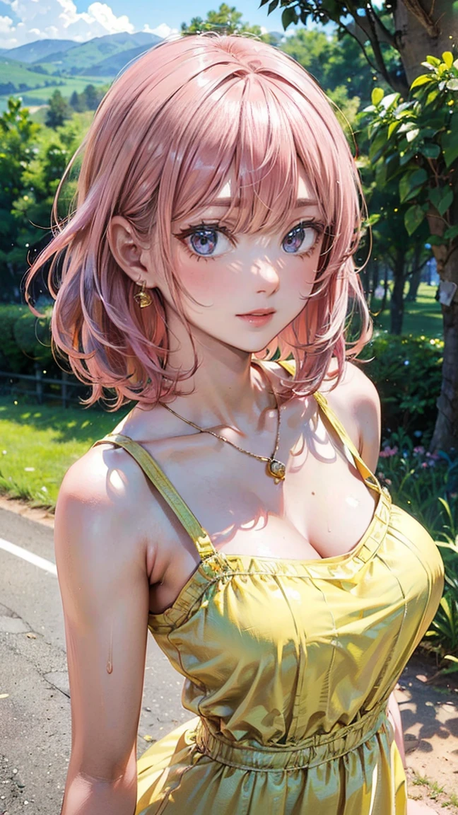 (Masterpiece, BestQuality:1.3), (ultra detailed:1.2), (hyperrealistic:1.3), (RAW photo:1.2), High detail RAW color photo, professional photograph, (Photorealistic:1.4), (realistic:1.4), professional lighting, perfect anatomy, (Big Breasts:1.2), (blush, detailed face), (cheerful Smile:1.5), (Pink Hair:1.5), Trending Hair&Trending Hairカラーをランダムに, earrings, necklace, bracelet, sexly, erotic sexly, Random sexy gravure poses, (Beautiful woman in a yellow sundress、Countryside landscape in the background、Walking Relaxed and Sexy。: 1.3)