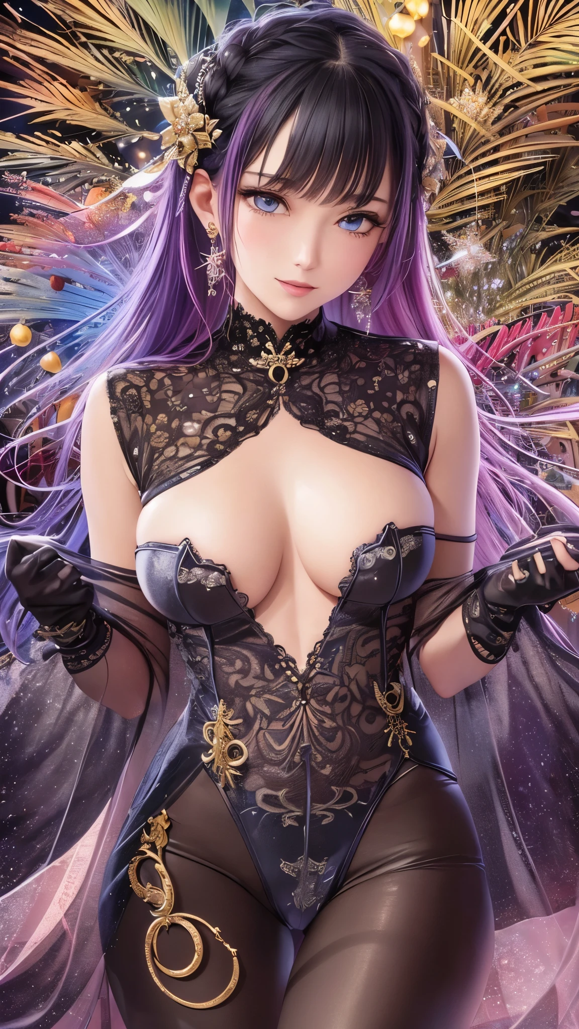 ((Highest quality)),(Ultra-high resolution),(Ultra-detailed new),(Detailed Description),((The best CG)),(masterpiece),Highly detailed art,A wonderful new art form,(Art with precise details:1.5), (One adult woman:1.1), Staring, Starry night sky, Twinkling stars in the night sky, flower