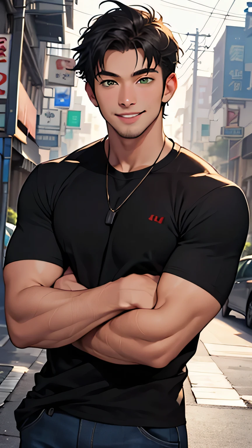 One was dressed in casual clothing、A very handsome black man with short black hair and green eyes is facing me。Half-length photo (Best quality Ultra HD 8K, He smiled. The image must show the entire body
