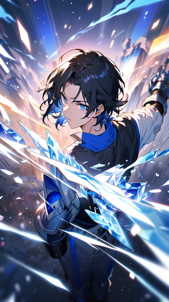 anime style man with (black hair) and blue eyes unleashing cool (ice) magic from his one hand, the other arm is metal, robot arm, hard ice, ice particles, blue and white tinted black clothing, surrounded by vibrant ice particles, emitting a cold, blue-white hue, ultra detailed, digital painting, with dramatic lighting, vivid colors, anime style from Mushoku Tensei: Jobless Reincarnation, from behind, facing viewer, looking back, from above