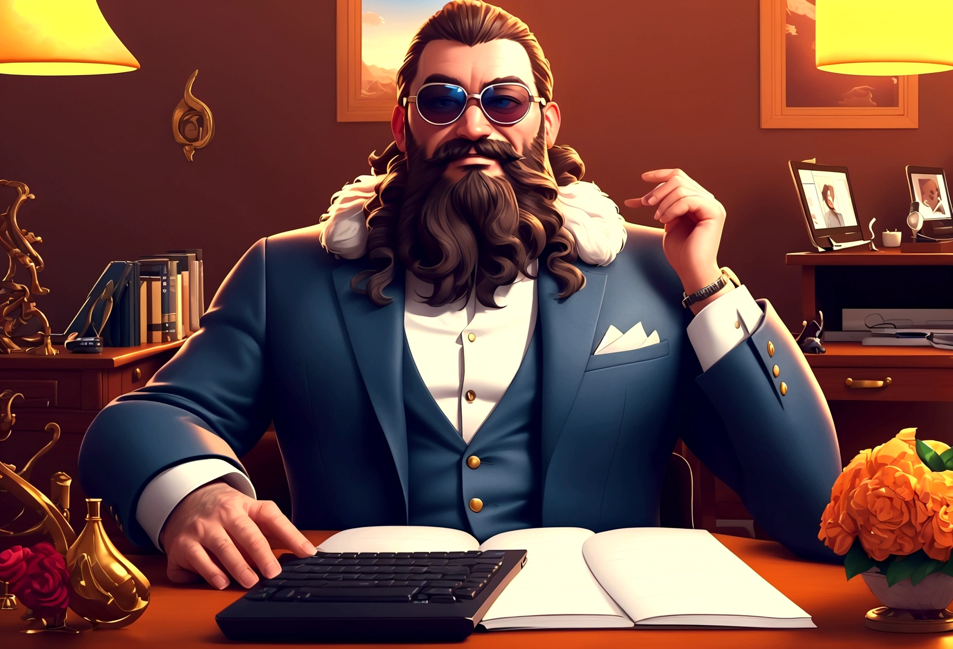 a man with a beard and sunglasses sitting at a desk, with a computer laptop , facing the camera , epic and classy portrait, jody highroller, epic game portrait, mogul khan, handsome man, bearded, gentleman, twitch streamer / gamer ludwig, rich with epic details, sitting behind a luxury desk, jody highroller, ,looking happy, mogul khan, businessman , american man, with big moustache and beard , dressed in a suit and sunglasses , youtuber , sitting behind a luxury desk , in a bright living room , youtuber ambiance, influencer , ultra detail, high resolution, ultra detailed, best quality, amazing, top quality, extremely detailed CG unity 8k wallpaper, cinematic lighting,