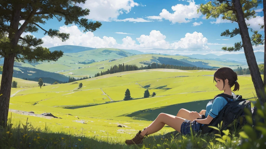 A girl resting on a scenic plain