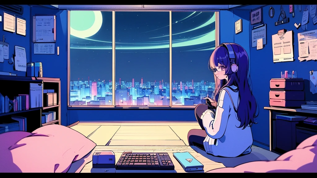 (from behind), Anime girl sitting in front of a computer in a cozy bedroom, Girl listening to music while studying in a cozy room (night), Using headphones, on the roof, (beautiful night views from windows), lots of things, 2D anime style, The aesthetics of anime in the 90s, lo-fi, long hair, very detailed, Hard disk, A mix of anime style and Fujifilm, surreal, 8K, masterpiece, violet eyes,black gloves, round glasses, long sleeves,violet hair, round glasses, Flat Chest, smile, pantyhose