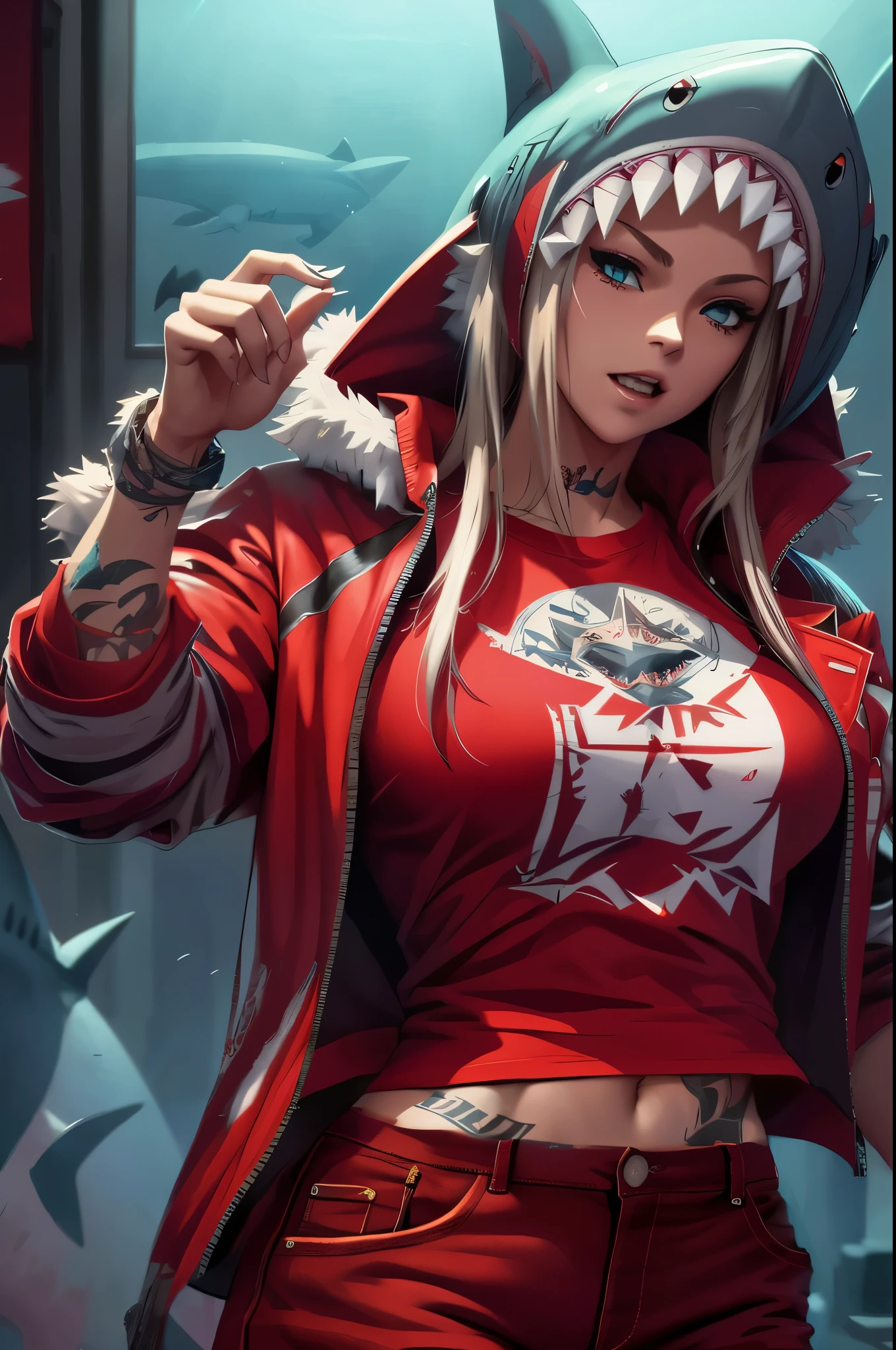 FIX blue jeans, a highly detailed illustration of an anthropomorphized female shark wearing a red t-shirt, fluffy long jacket, gangster, covered in tattoos, in a dynamic and expressive pose, 8k resolution, photorealistic, masterpiece, hyper-detailed, studio lighting, cinematic composition, ample headroom, perfect illustration