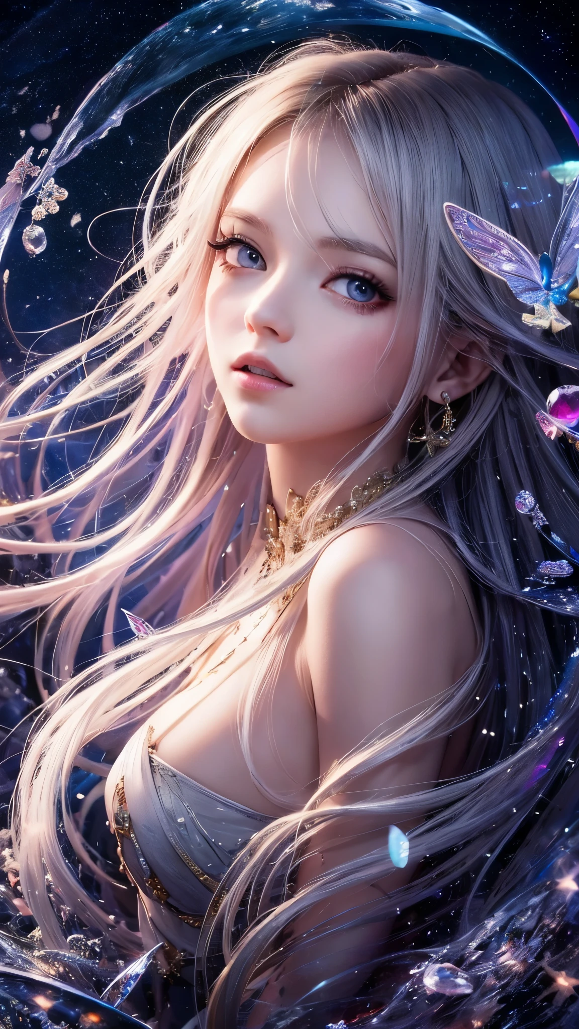 ((Highest quality)),(Ultra-high resolution),(Ultra-detailed new),(Detailed Description),((The best CG)),(masterpiece),Highly detailed art,A wonderful new art form,(Art with precise details:1.5), (One adult woman:1.1), Staring, Starry night sky, Twinkling stars in the night sky, flower
