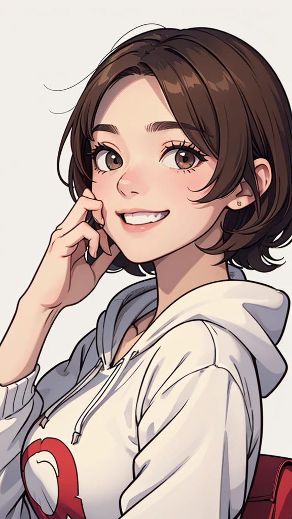 (((masterpiece, best quality, ultra highres, 1 girl, solo, no background))), super detailed skin and face and eyes and finger, beautiful japanese woman, small breasts:1.5, skinny, light brown hair, white background, very short curly pixie hair, (an illustration of girl), Knee shot, Generate with illustrations, Various expressions, Various poses, Please draw the entire character within the frame, ensuring that the head, arms, and legs are not cut off. The background should be simple, with the character positioned centrally, outline, anime, hoodie, laughter,