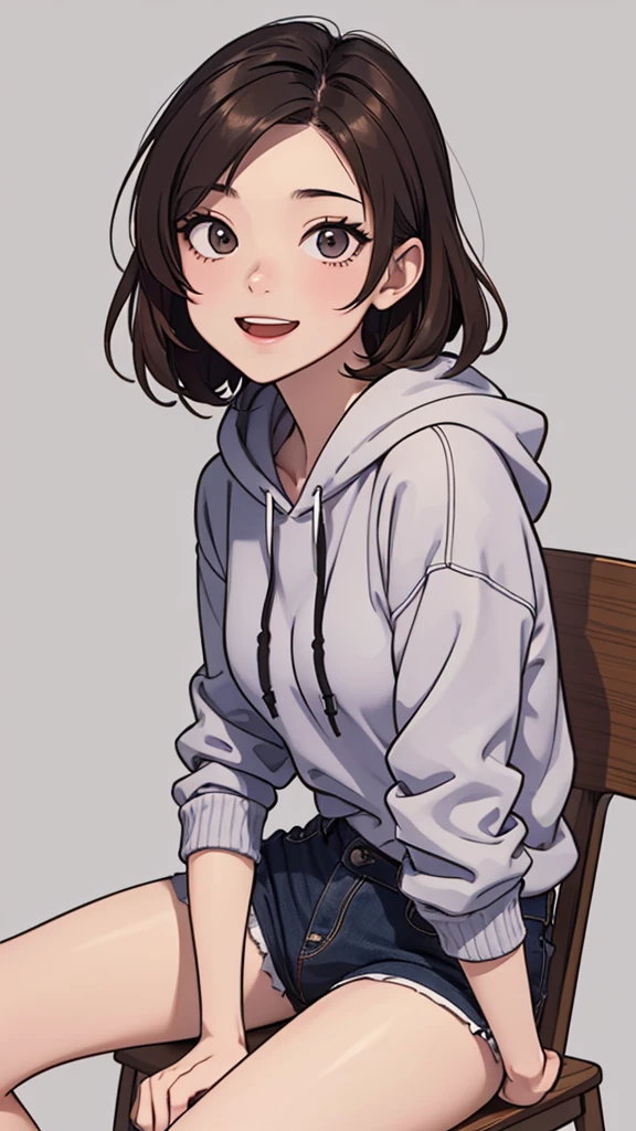 (((masterpiece, best quality, ultra highres, 1 girl, solo, no background))), super detailed skin and face and eyes and finger, beautiful japanese woman, small breasts:1.5, skinny, light brown hair, white background, very short curly pixie hair, (an illustration of girl), Knee shot, Generate with illustrations, Various expressions, Various poses, Please draw the entire character within the frame, ensuring that the head, arms, and legs are not cut off. The background should be simple, with the character positioned centrally, outline, anime, hoodie, laughter,