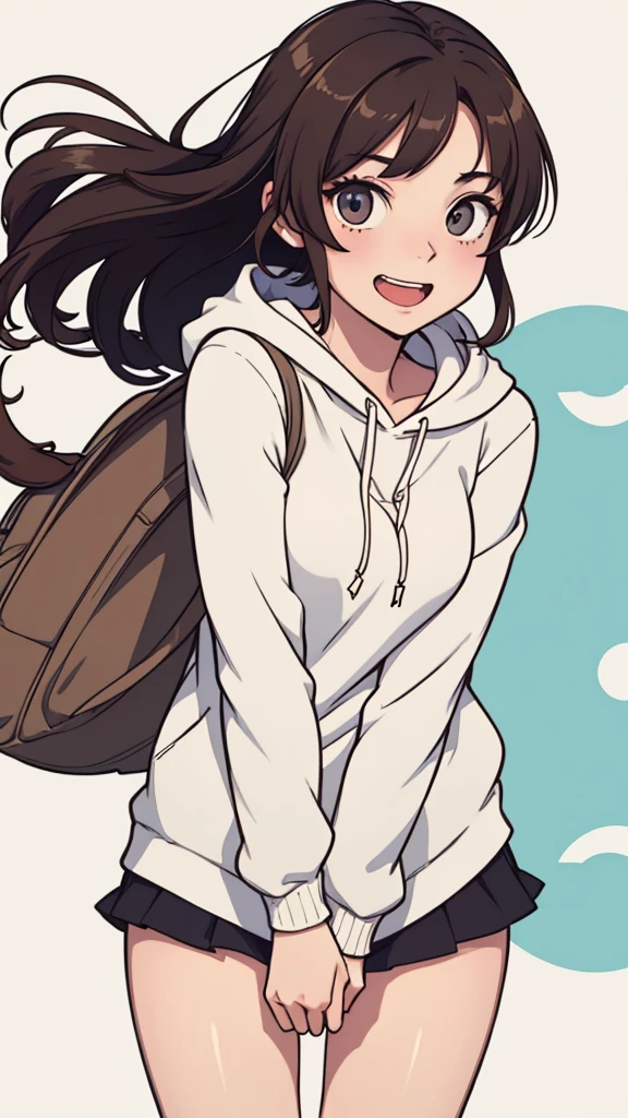 (((masterpiece, best quality, ultra highres, 1 girl, solo, no background))), super detailed skin and face and eyes and finger, beautiful japanese woman, small breasts:1.5, skinny, light brown hair, white background, very short curly pixie hair, (an illustration of girl), Knee shot, Generate with illustrations, Various expressions, Various poses, Please draw the entire character within the frame, ensuring that the head, arms, and legs are not cut off. The background should be simple, with the character positioned centrally, outline, anime, hoodie, laughter,