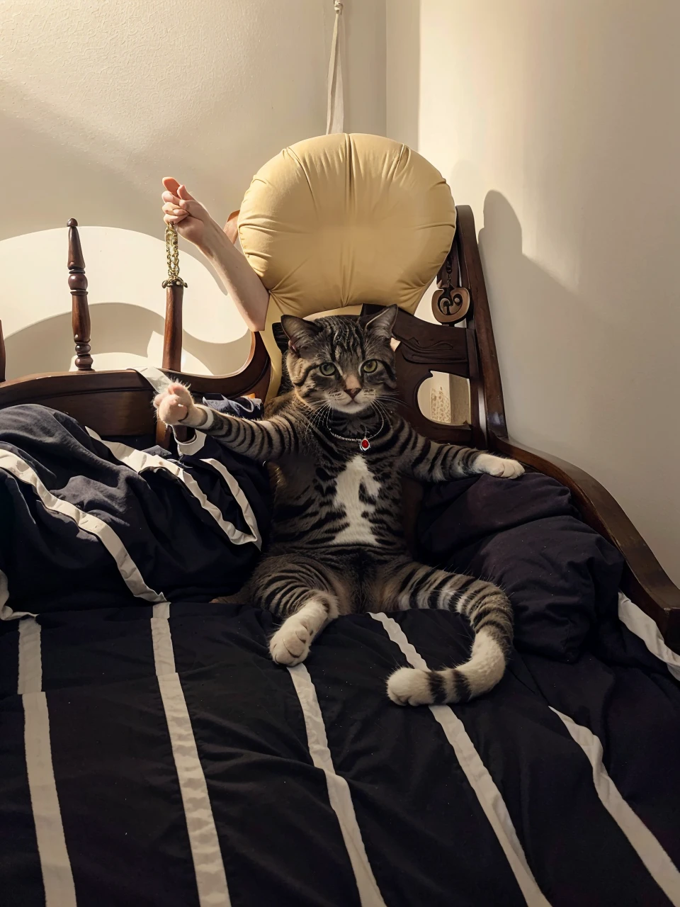 Cat sitting on a throne with right hand in the air