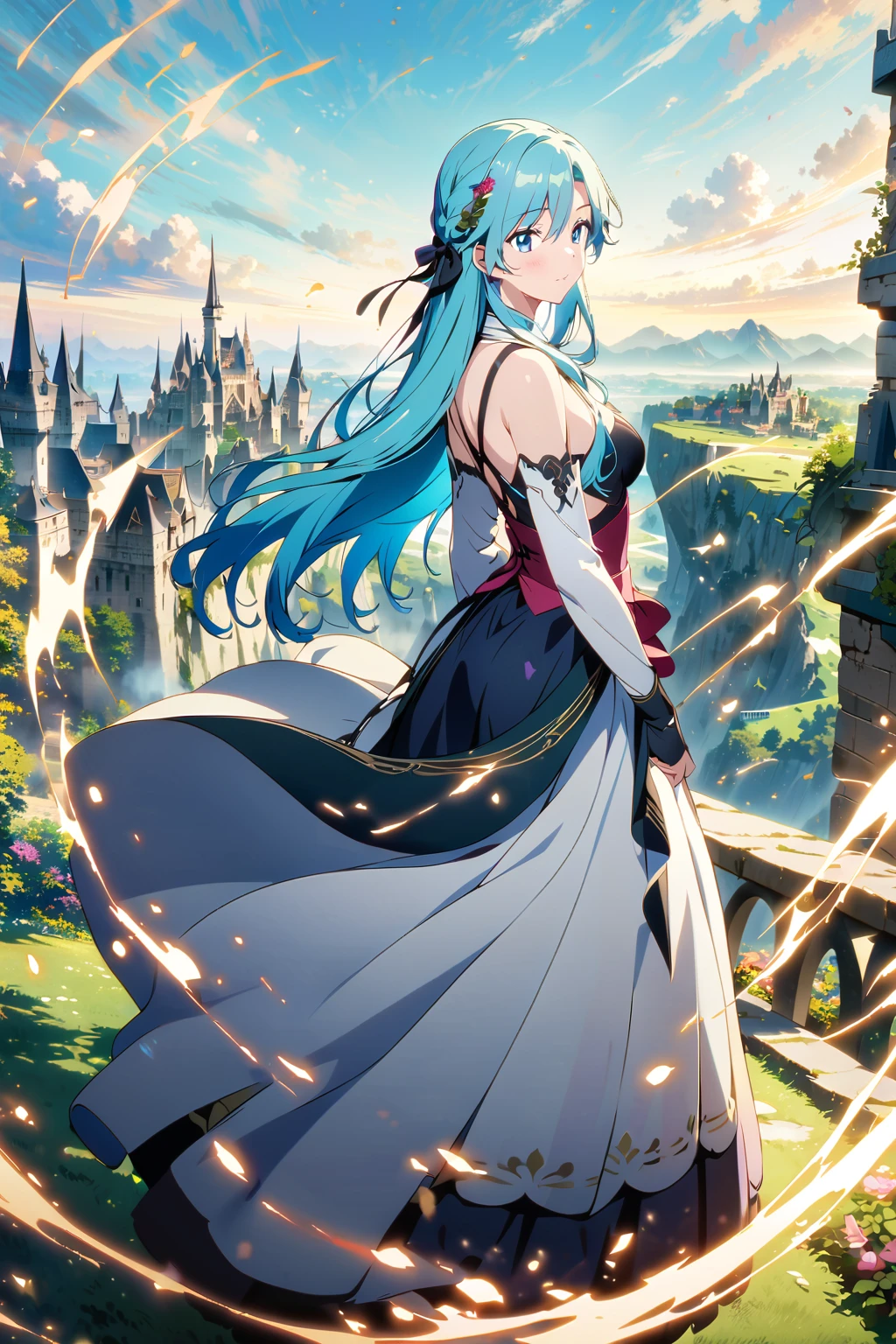 (超detailedなイラスト:1.2),Very delicate and beautiful,非常にdetailed,CG,Unity,8k wallpaper,wonderful,detailed,masterpiece,The best quality in the best condition,Official Art,非常にdetailed CG 8k Unbelievably ridiculous resolution,Beautiful and exquisite,High resolution,非常にdetailedな目と顔,Anime girl with long hair and blue eyes standing in front of a castle, Anime fantasy artwork, Beautiful fantasy anime, Fantasy art style, Beautiful maiden,
