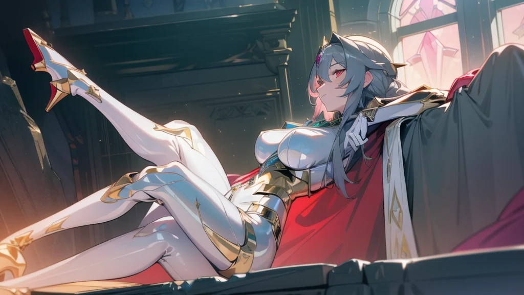 reapair legs, art, 8k, masterpiece, ((lying)), divine, green_lightnings, (Fu_Hua), (Herrscher_of_Sentience), grey_hair, red_eyes, (large_breasts), (plug_suit), (greek_clothing), white_bodysuit, glowing_bodysuit, pink_accents, green_crystal_on_chest, high_heels, (mystical_armor), glowing_cape, armor, gold