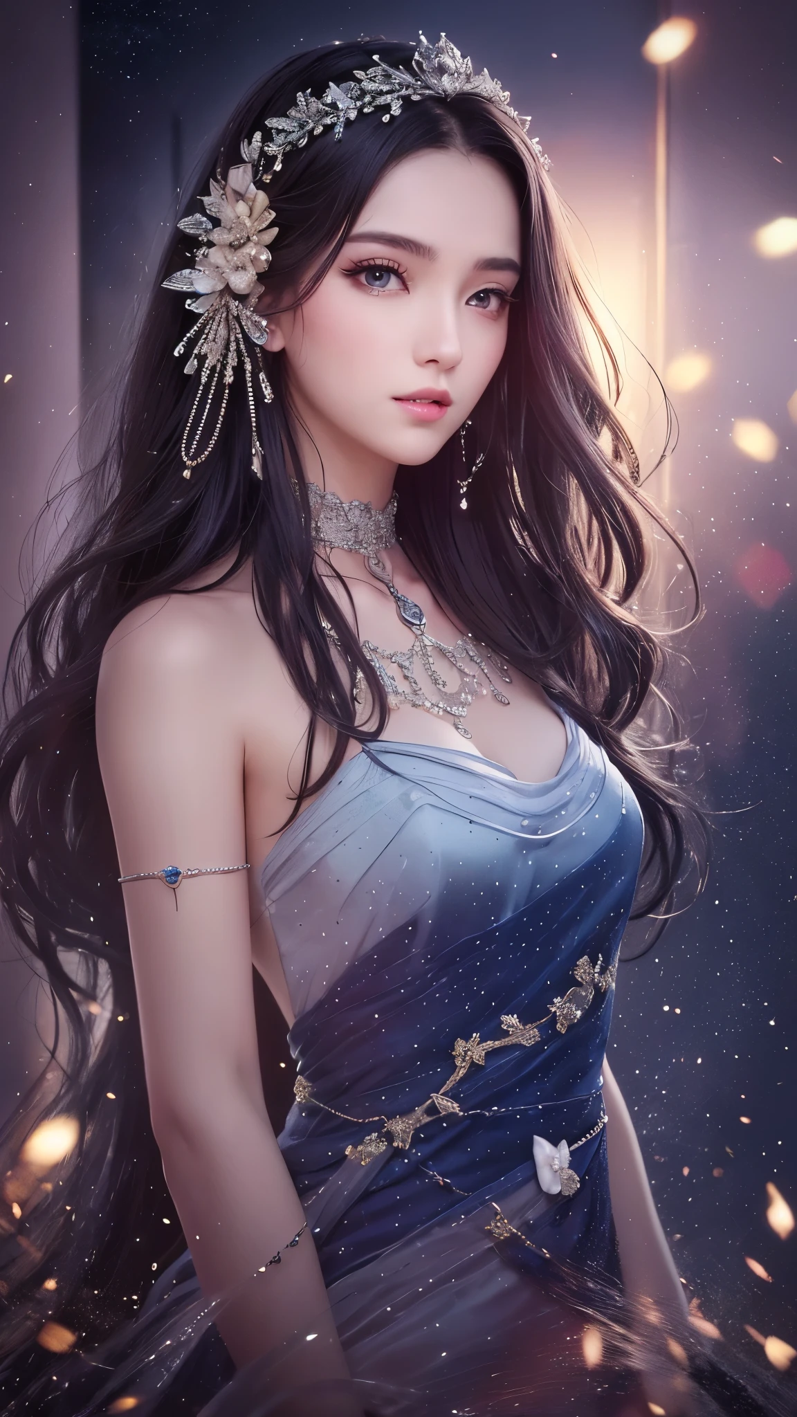 ((Highest quality)),(Ultra-high resolution),(Ultra-detailed new),(Detailed Description),((The best CG)),(masterpiece),Highly detailed art,A wonderful new art form,(Art with precise details:1.5), (One adult woman:1.1), Staring, Starry night sky, Twinkling stars in the night sky, flower