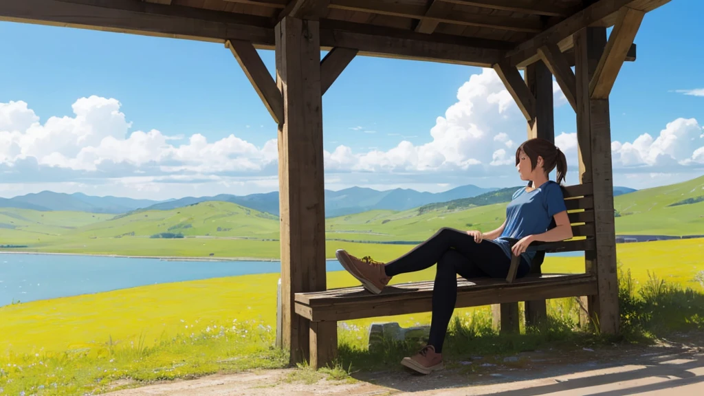 A girl resting on a scenic plain