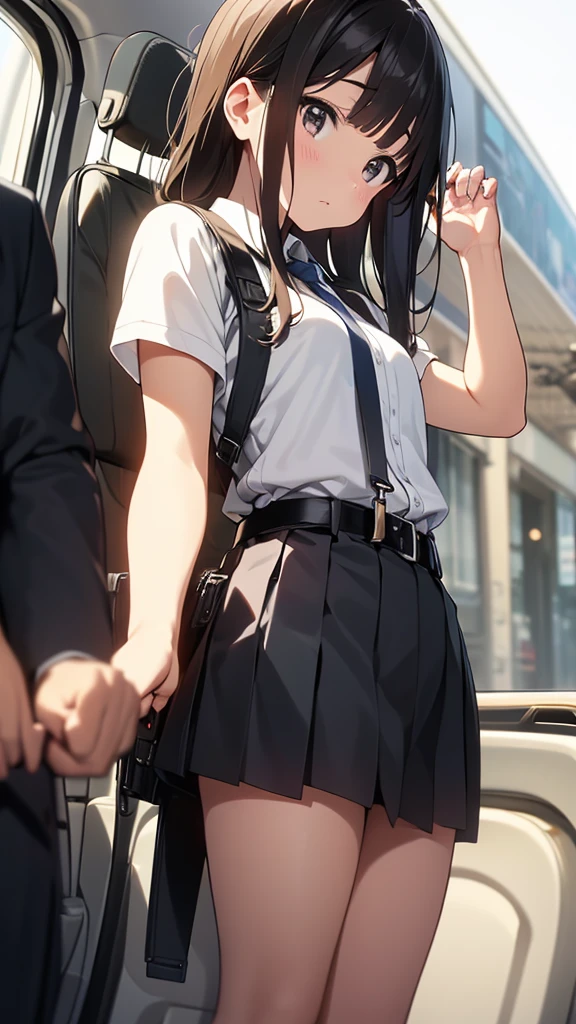 Brown hair、watching at viewers　　　black ギターを弾くsuspenders　　　Bulging big breasts　　 　 　　　walls: 　Black miniskirt　garters　　　　　　Gaze　　　Small face　bangss 　　　holster　　　Beautuful Women　　hands up　　レッグholster ベッドに横たわる　　Gaze 　黒いブーツ Panchira　provocation　　soio 　arm　In the car　Fold your hands behind your back　belt dark face　Panchira