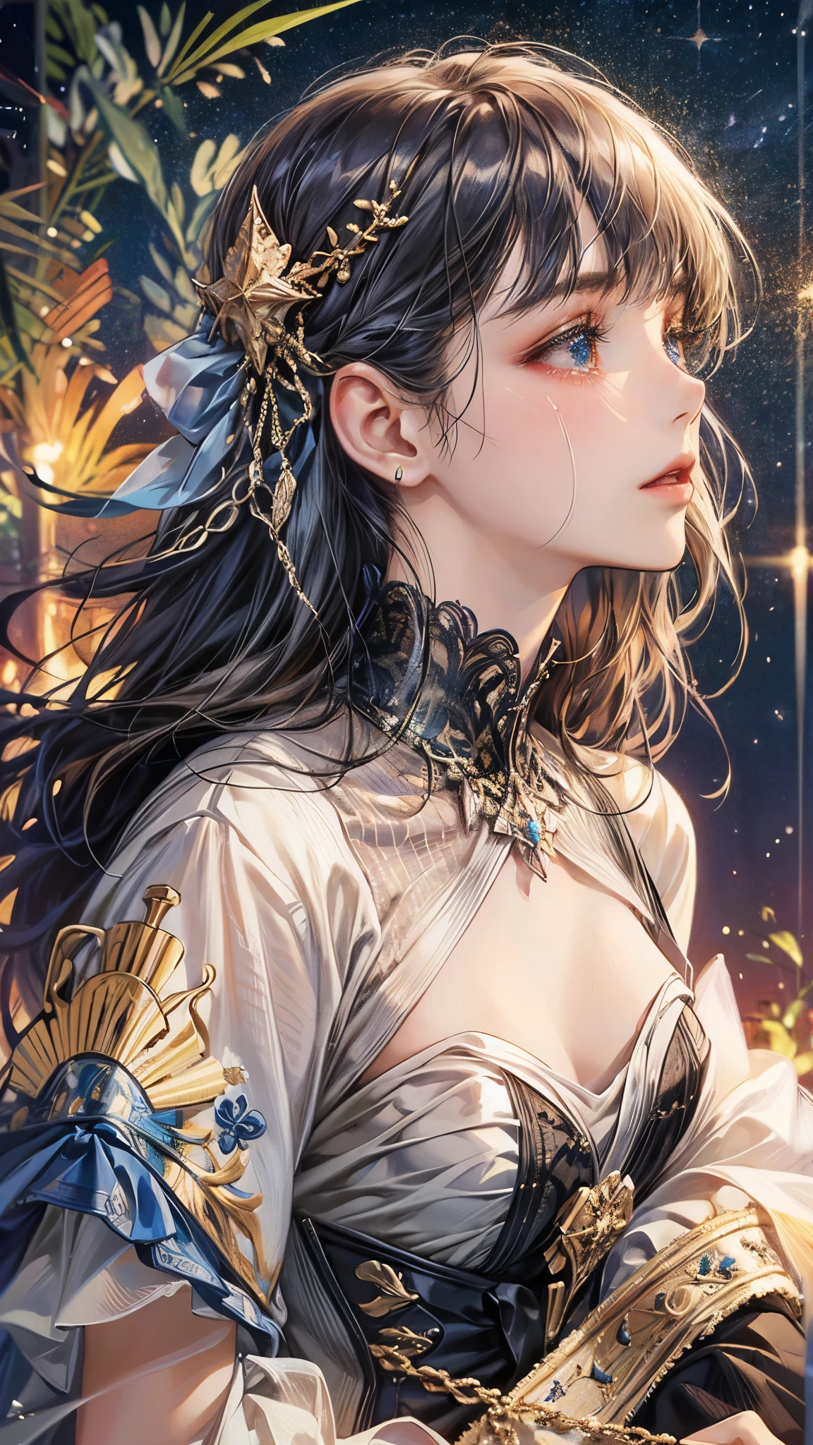 ((Highest quality)),(Ultra-high resolution),(Ultra-detailed new),(Detailed Description),((The best CG)),(masterpiece),Highly detailed art,A wonderful new art form,(Art with precise details:1.5), (One adult woman:1.1), Staring, Starry night sky, Twinkling stars in the night sky, flower