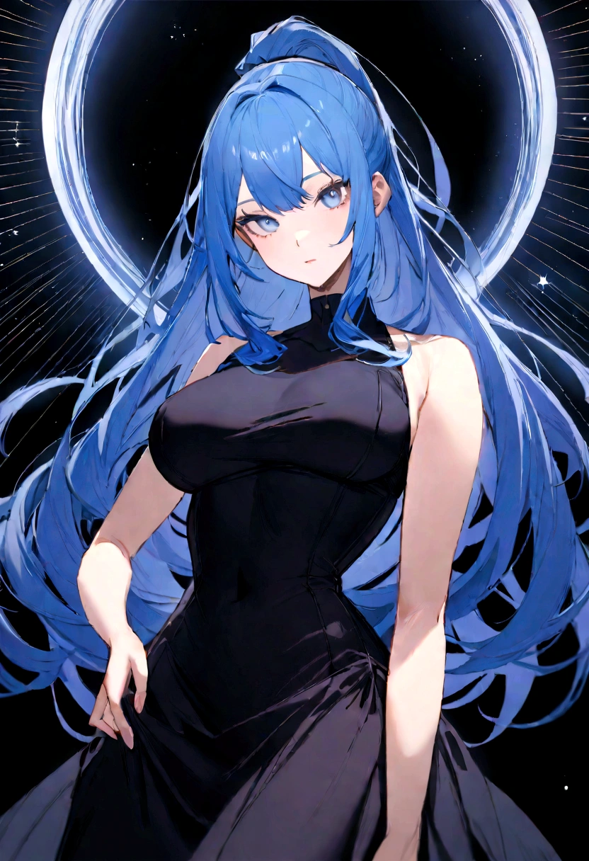 (Highest quality)(1 woman,single,blue sapphire hair,{long hair|Bold side lock|Clearly visible strและs of hair|high ponytail|hair above shoulder|naturally curved|,blue eyes ,black shirt,Turn to look at the viewer,) look behind