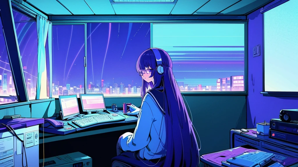 (from behind), Anime girl sitting in front of a computer in a cozy bedroom, Girl listening to music while studying in a cozy room (night), Using headphones, on the roof, (beautiful night views from windows), lots of things, 2D anime style, The aesthetics of anime in the 90s, lo-fi, long hair, very detailed, Hard disk, A mix of anime style and Fujifilm, surreal, 8K, masterpiece, violet eyes,black gloves, round glasses, long sleeves,violet hair, round glasses, Flat Chest, smile, pantyhose