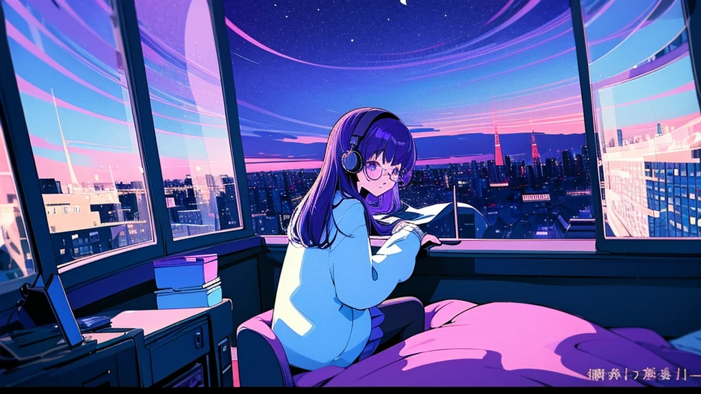 (from behind), Anime girl sitting in front of a computer in a cozy bedroom, Girl listening to music while studying in a cozy room (night), Using headphones, on the roof, (beautiful night views from windows), lots of things, 2D anime style, The aesthetics of anime in the 90s, lo-fi,  long hair, very detailed, Hard disk, A mix of anime style and Fujifilm, surreal, 8K, masterpiece, violet eyes,black gloves, round glasses, long sleeves,violet hair, round glasses, Flat Chest, smile, pantyhose