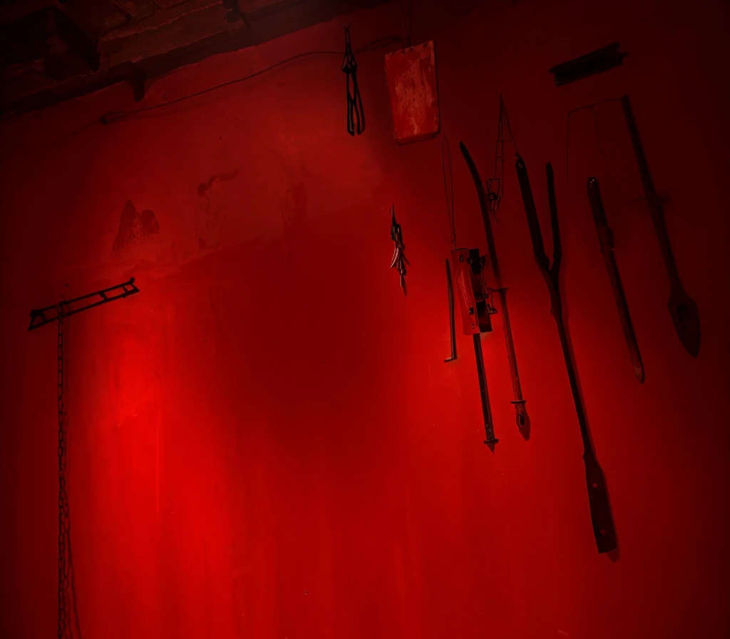 indoors,Old walls,{{red theme}},{dim},dungeon,SM tools hanging on the wall