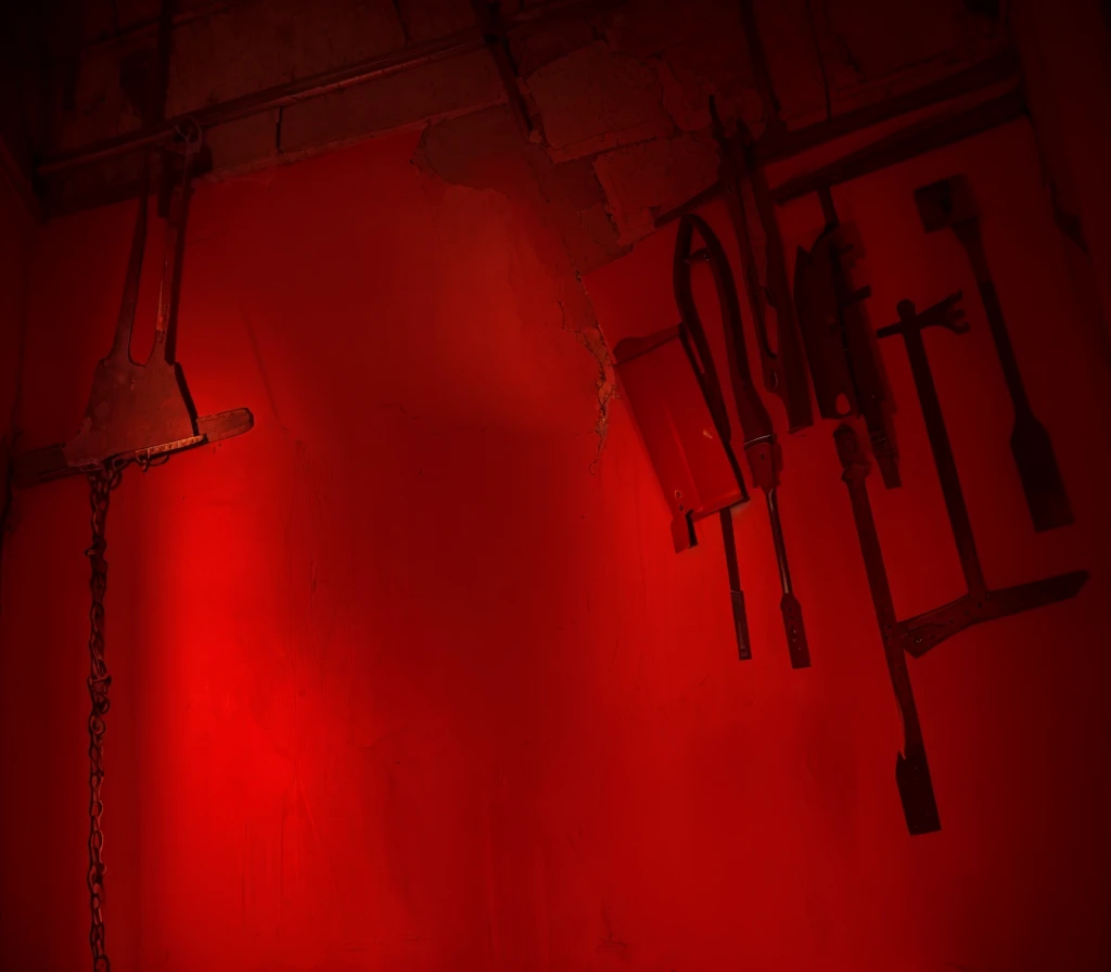 indoors,Old walls,{{red theme}},{dim},dungeon,SM tools hanging on the wall