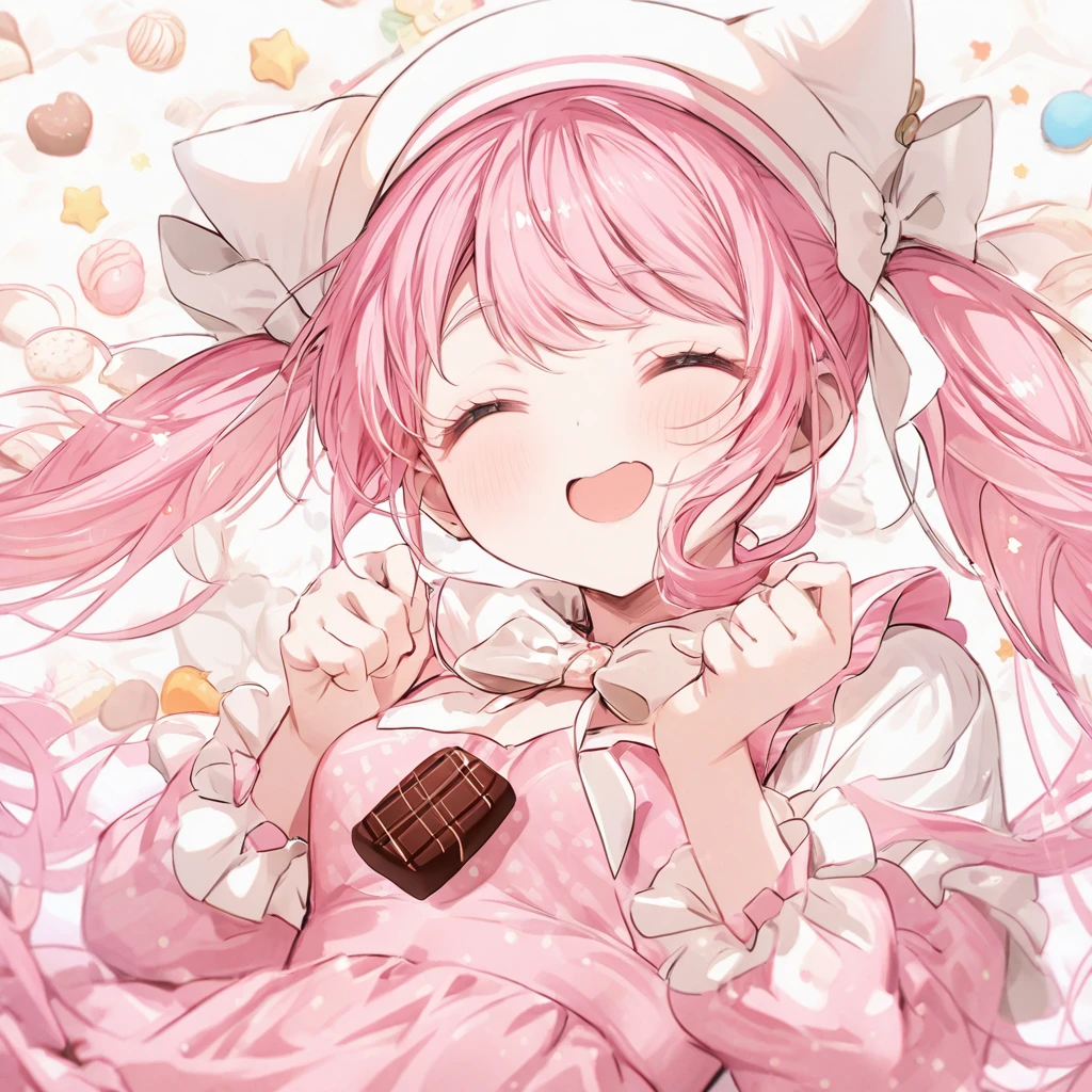Pink gothic dress Pink drill pigtails Chocolate Closed eyes White hat
