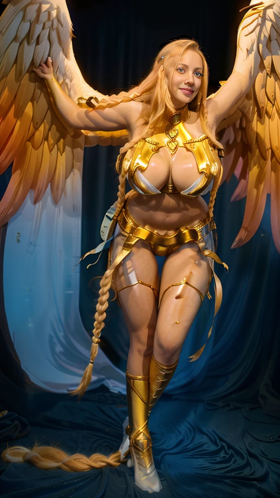 A tall goddess woman beautiful sexy sensual beautiful beautiful tenderness affectionate pretty smiles kindly long yellow hair wavy to the side one Mencho short yellow braid her light blue eye another orange eye she dresses bright gold metal brassiere shows navel and shorts gold armor shows leg socks black net and has angel wings on his back