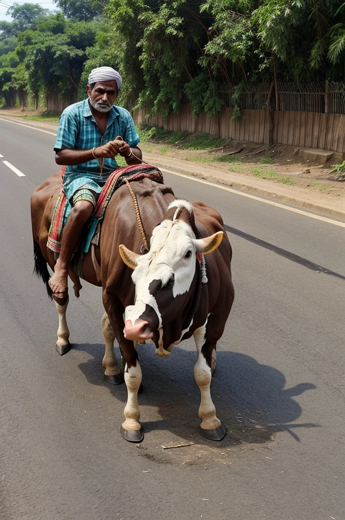 A indian poor man is a making big cow how to of birds on road people are watching