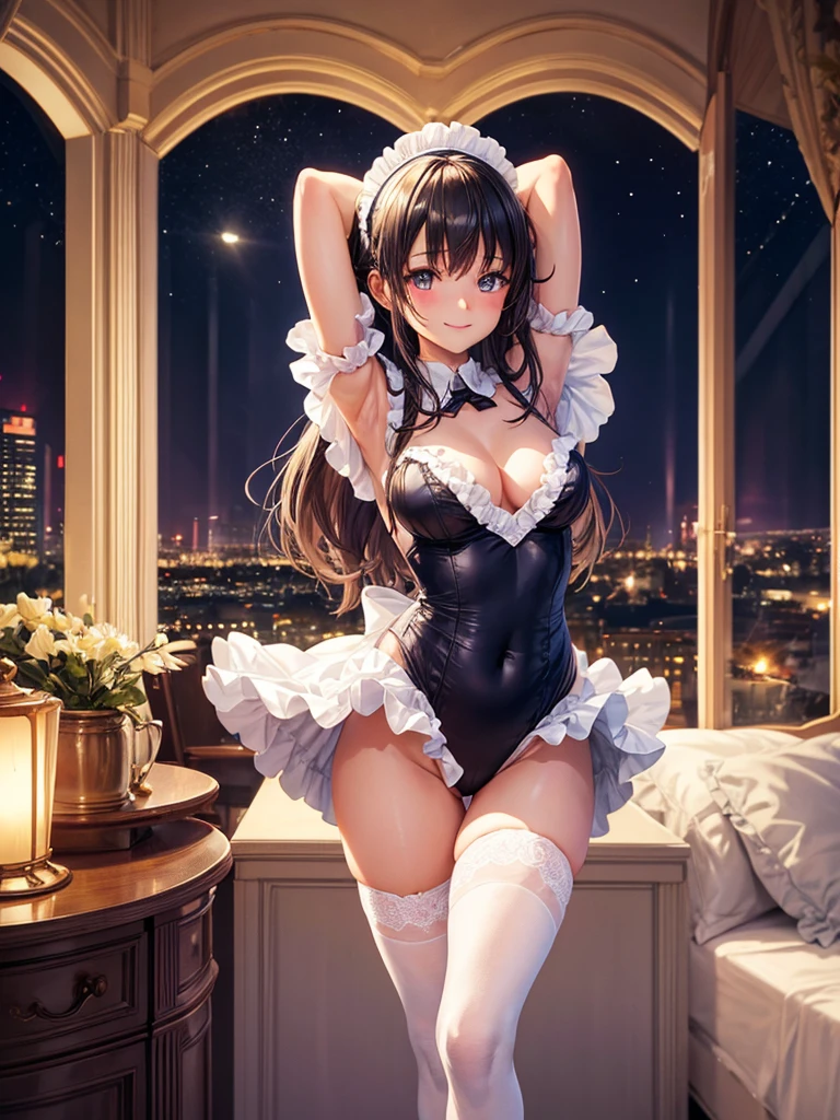 Highest quality,Highest Resolution,Smiling beautiful woman in maid leotard,Super High Leg,Knee-high stockings,Very beautiful eyes,Standing posture,Place your hands behind your head.,Bedroom,Night view outside the window,Frills,Tback,whole body,up,