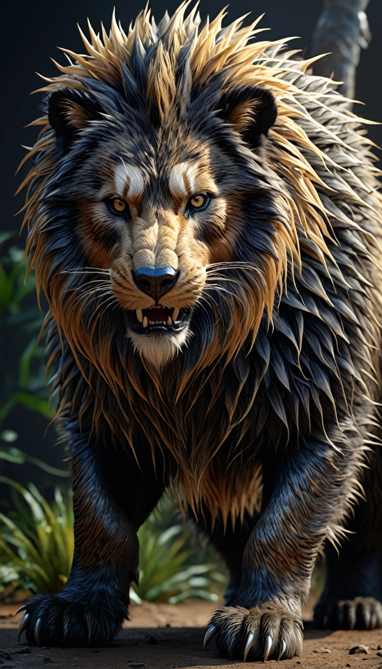 There is a kind of beast，Looks like a human，The body is covered with coarse, hard, and thorny hair（best quality，4K，8K，High level，masterpiece：1.2），Ultra Detailed，（lifelike，Photo real，Photo real：1.37），Highly detailed animals，Complex patterns，Realistic lighting，Fantasy Creatures