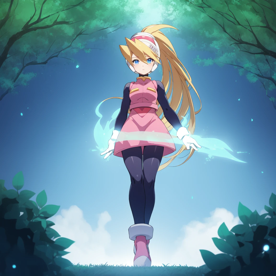ciel_megamanz, 1girl, solo, long hair, blue eyes, blonde hair, ponytail, headgear, pantyhose, white gloves, pink dress, high quality, masterpiece, standing with green flames coming from a tree
