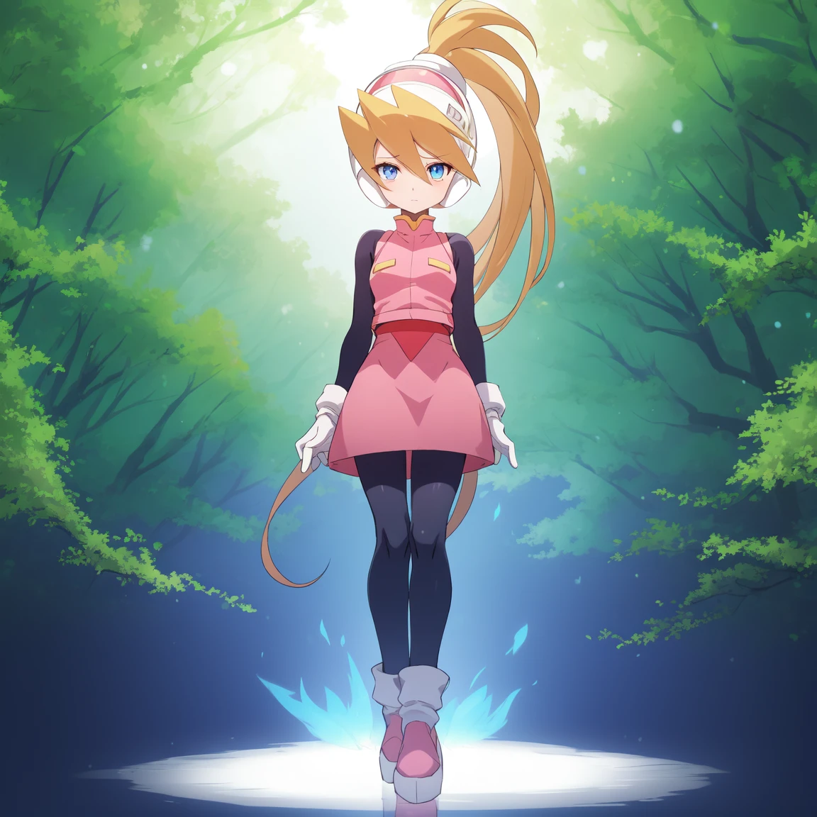 ciel_megamanz, 1girl, solo, long hair, blue eyes, blonde hair, ponytail, headgear, pantyhose, white gloves, pink dress, high quality, masterpiece, standing with green flames coming from a tree