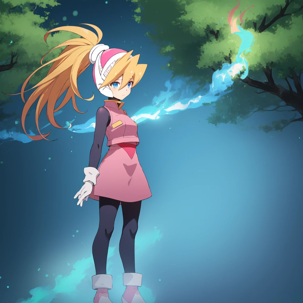 ciel_megamanz, 1girl, solo, long hair, blue eyes, blonde hair, ponytail, headgear, pantyhose, white gloves, pink dress, high quality, masterpiece, standing with green flames coming from a tree
