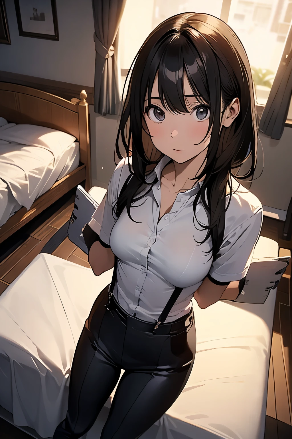 1 female, , high quality, masterpiece, Ultra-high resolution, , Cinema Lighting, , , And the suspenders with the cranes flying Moderate breasts Small face holster Lying in bed Looking up Sweat belt summer 脇Sweat Black Hole Gloves suit shirt Black jacket Black trousers Leg Links ズボンにbelt holster Hands behind your back Anxious expression Looking up Anxious face
