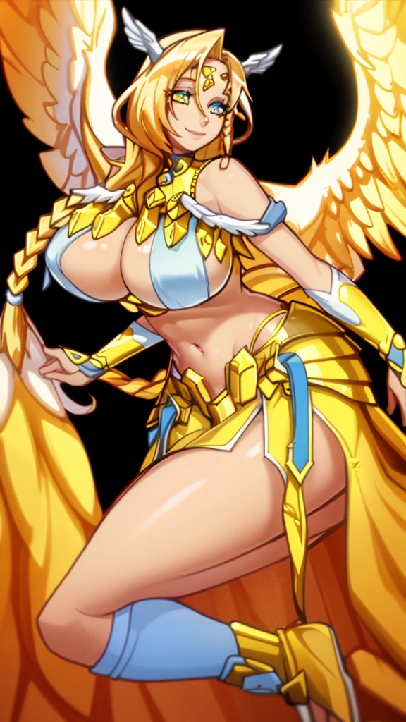 A tall goddess woman beautiful sexy sensual beautiful beautiful tenderness affectionate pretty smiles kindly long yellow hair wavy to the side one Mencho short yellow braid her light blue eye another orange eye she dresses bright gold metal brassiere shows navel and shorts gold armor shows leg socks black net and has angel wings on his back