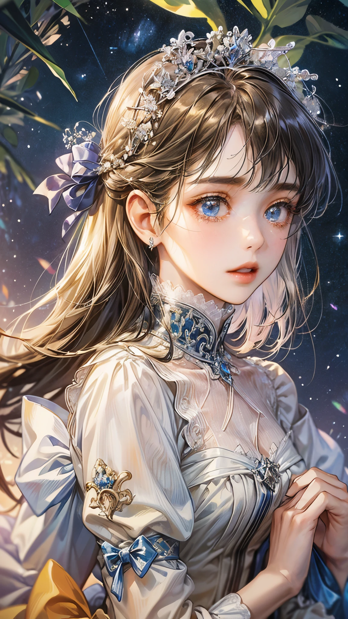 ((Highest quality)),(Ultra-high resolution),(Ultra-detailed new),(Detailed Description),((The best CG)),(masterpiece),Highly detailed art,A wonderful new art form,(Art with precise details:1.5), (One adult woman:1.1), Staring, Starry night sky, Twinkling stars in the night sky, flower