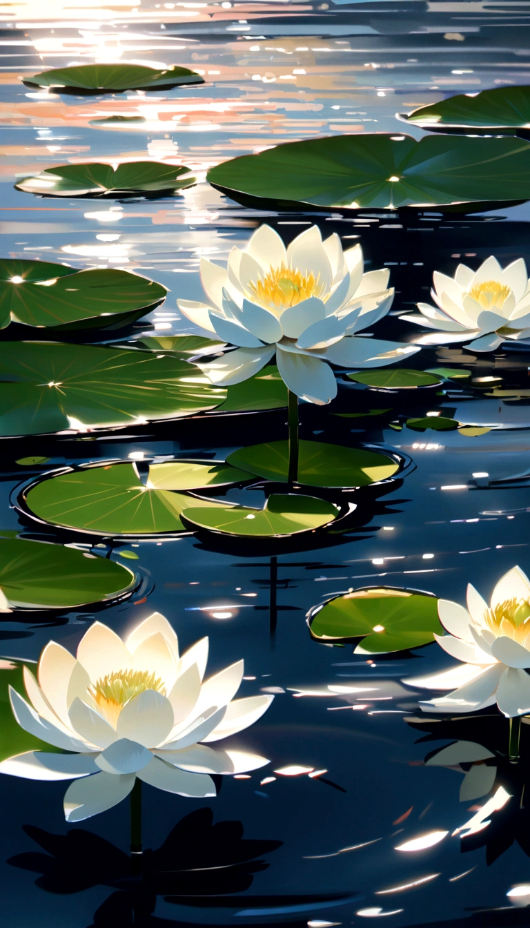 White Lotus, There are green stems and leaves, On the water, Ink Painting, symmetry, Divine Light, Ray Tracing, Ultra HD, masterpiece, High Detail, Super Detail, high quality, best quality, high resolution, 16K