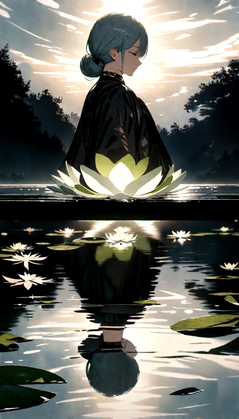 White Lotus, There are green stems and leaves, On the water, Ink Painting, symmetry, Divine Light, Ray Tracing, Ultra HD, masterpiece, High Detail, Super Detail, high quality, best quality, high resolution, 16K