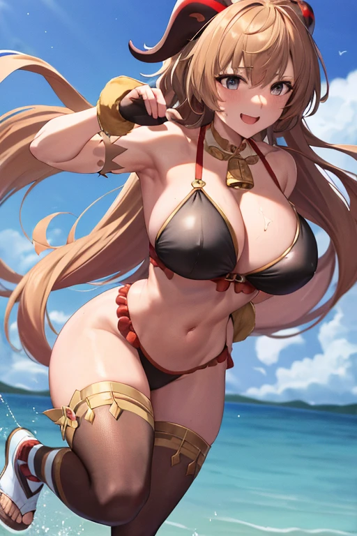 masterpiece, best quality, beautiful art, high resolution, well formed hands, body and fingers, 1 woman, solo, Ganyu, goat horns, grown up, arabian belly dancer, adult, large and round ed, (perfect hands and fingers:1.5) cleava ribbon, full body, sexy and skimputfit , gorgeous legs and thighs , fighting in a combat match, showing her fighting skills, making her guard, about to hit the viewer, looking at the viewer, sweating, bouncing breasts, smiling y and brightly, being confident and proud, action and fighting scene, fighting cage on beach environment