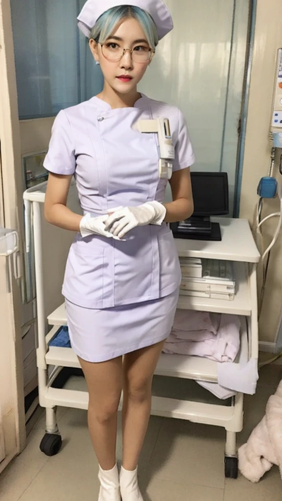 1woman, solo, nurse, nurse hat, white clothes, ((white leg clothes, nurse.beautiful, white gloves, glasses, blue hair, orange eyes, pink lips, standing, ((hospital room)), bold lines, short sleeves, mature woman, 32 years old, top quality, masterpiece